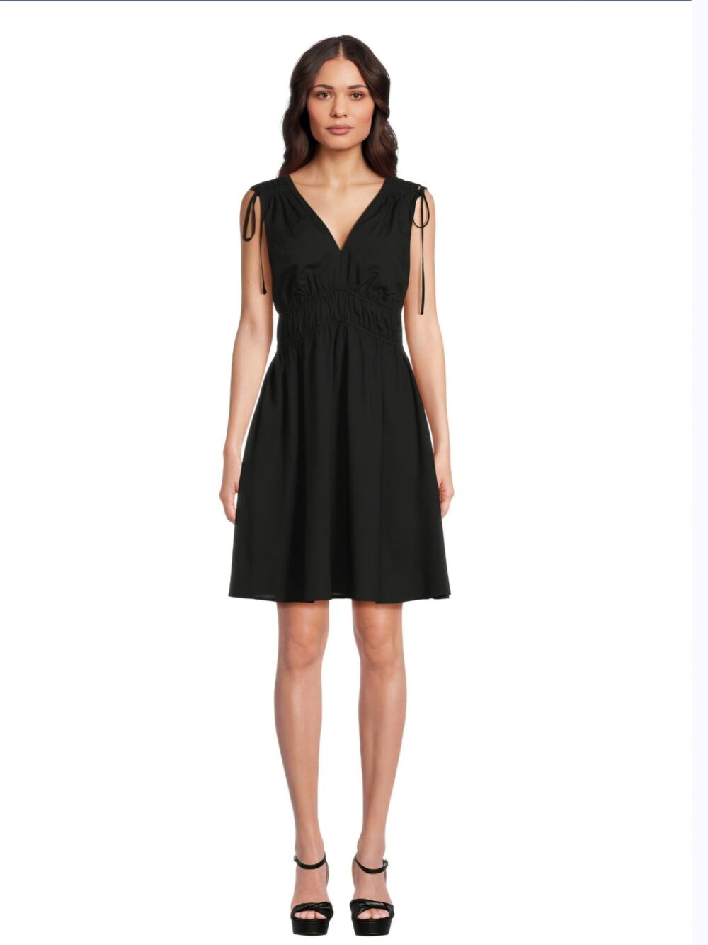 Casual Summer Black Tie Shoulder Mini Dress Smocked Waist V-Neck Sz L